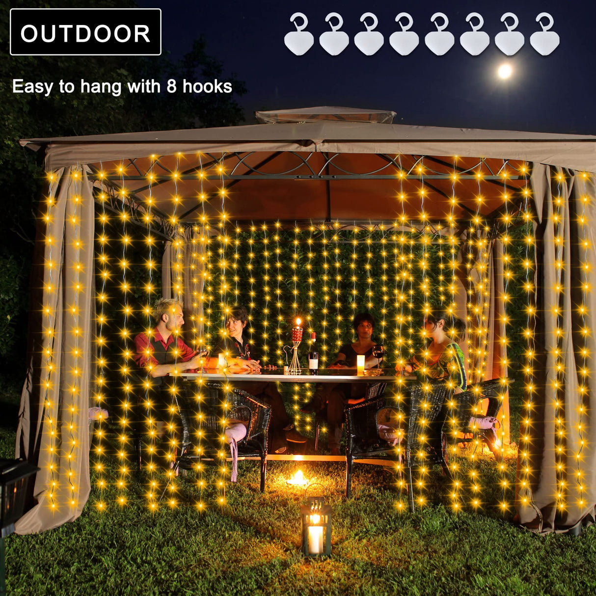 Solar Curtain Lights 7.9ft x 6ft 144 LED Outdoor Curtain Lights Waterproof with Timer 8 Modes for Christmas Garden Patio Fence Wedding Wall Window Gazebo Decor - Warm White echosari