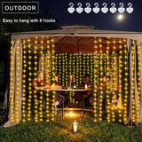 Solar Curtain Lights 7.9ft x 6ft 144 LED Outdoor Curtain Lights Waterproof with Timer 8 Modes for Christmas Garden Patio Fence Wedding Wall Window Gazebo Decor - Warm White echosari