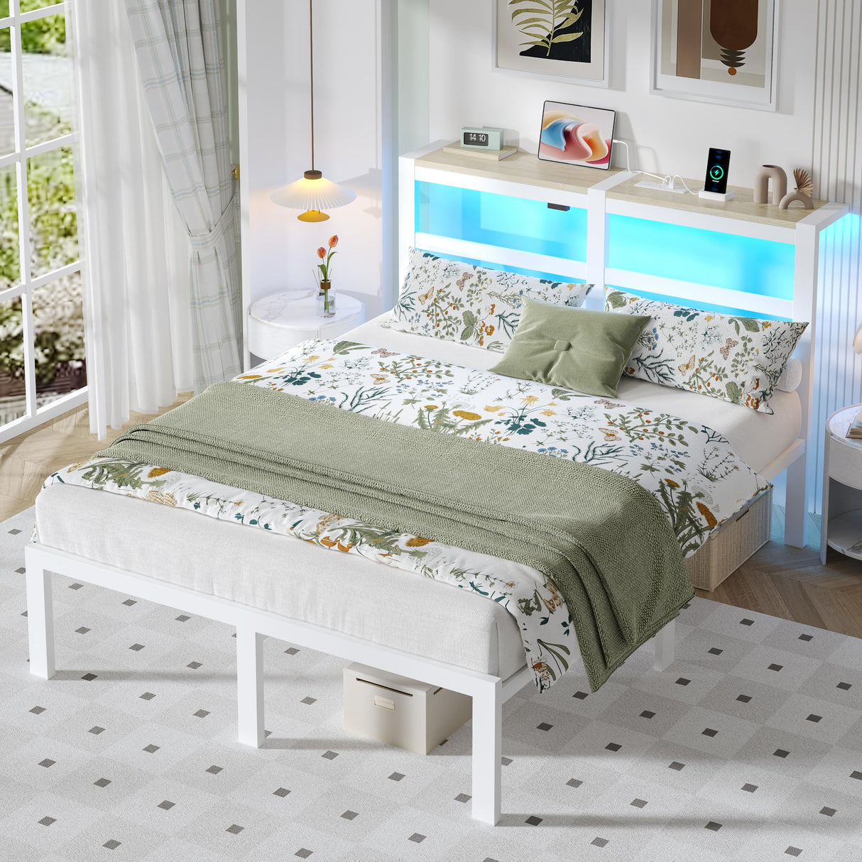 ChicZhiNest Full White Bed Frames with Charging Station and LED Lights, Full Platform Bed with Heavy Duty Metal Slats, Storage Headboard, Under Bed Storage, No Box Spring Needed, Noise Free ChicZhiNest