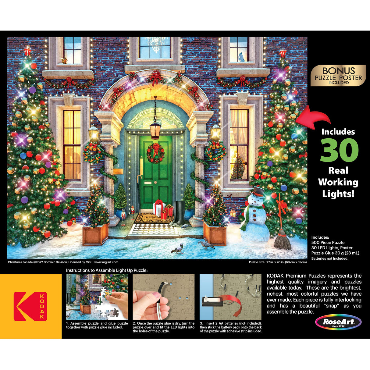 RoseArt - Kodak Premium Holiday Light Up - Christmas Facade - 500 Piece Jigsaw Puzzle for Adults RoseArt