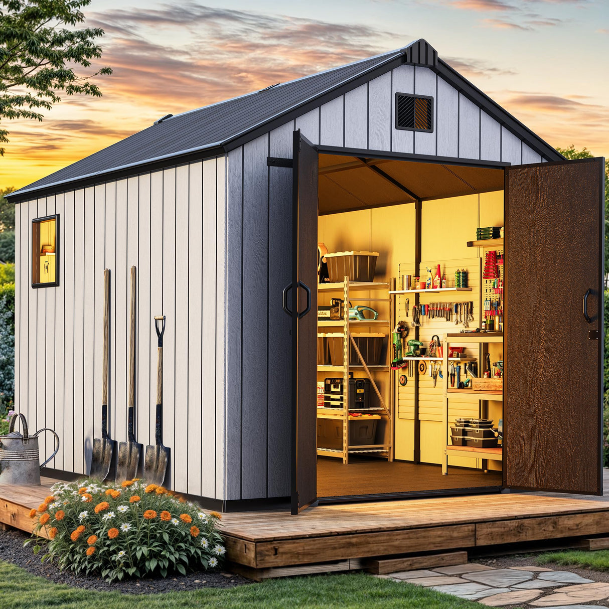 YITAHOME 8x10 FT Outdoor Storage Shed with Lockable Door, Large 544 Cuft Resin Shed with Floor Roof Windows Vents, All-Weather Plastic Storage Shed Tool Organizer for Backyard Garden Patio Lawn, Gray YITAHOME