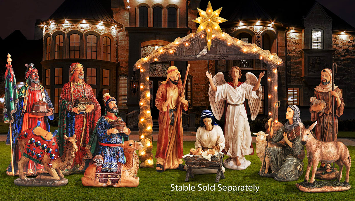Complete 12pc Outdoor Nativity Set 51" Tall - Lifelike High Res, Sturdy 22 Gauge Flat Metal, Strong Windguard Bracing. Includes Baby Jesus, Joseph, Mary, Shepherds, Wisemen, Animals THREE KINGS GIFTS THE ORIGINAL GIFTS OF CHRISTMAS