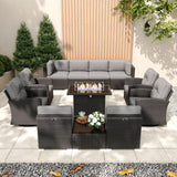 KHOLH Patio Furniture Set with Fire Pit Table, 12 Pieces Outdoor All-Weather Wicker Conversation Sectional Chair Sofa Set with 4 Swivel Chairs KHOLH