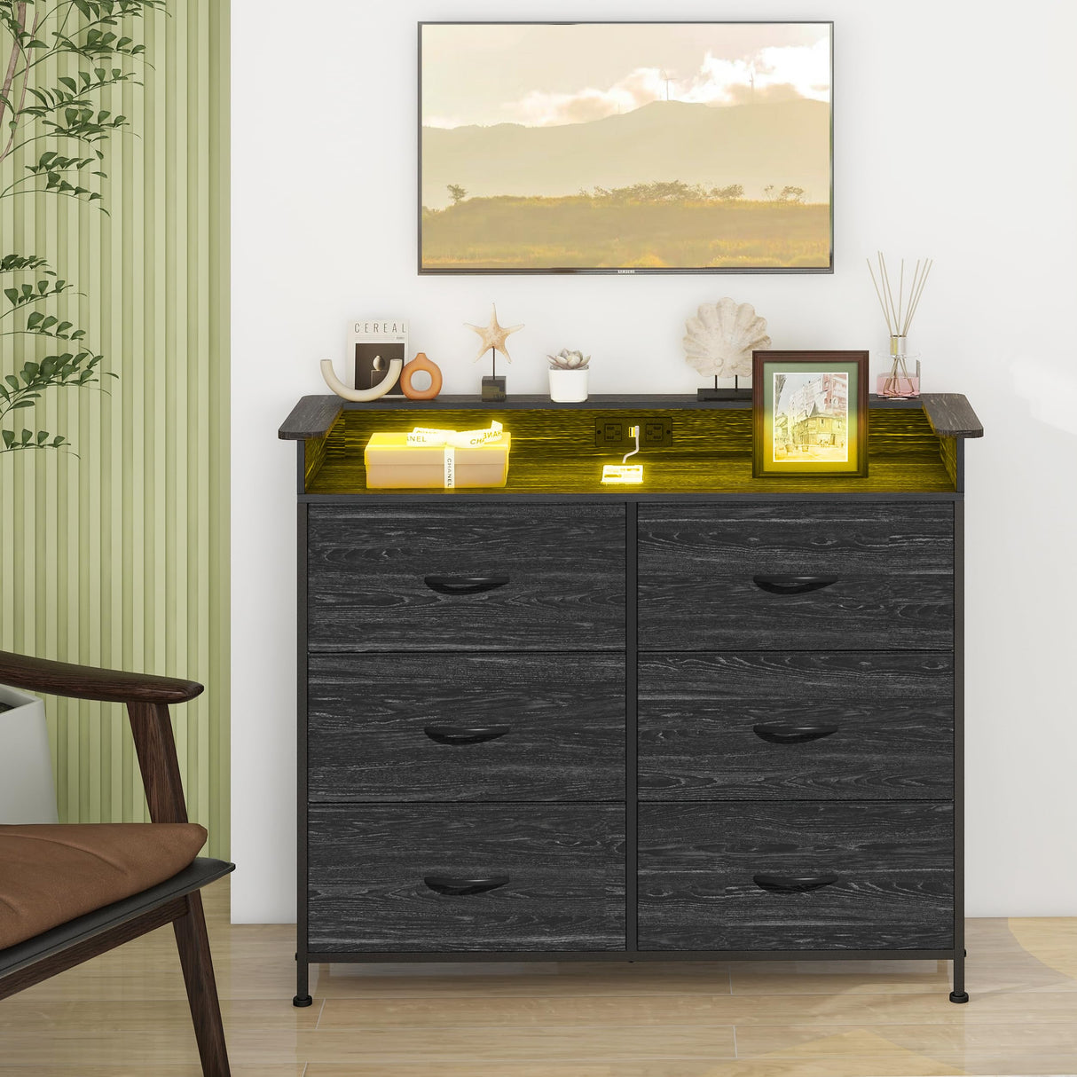 Welfuturer Black Dresser for Bedroom with LED Light & Charging Station Dresser with 6 Drawers Storage Tower for Closet Living Room Hallway Entryway Sturdy Steel Frame Double Wooden Tabletop Welfuturer