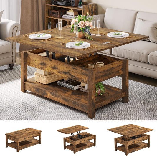 YITAHOME Lift Top Coffee Table, 3 in 1 Multi-Function Coffee Tables with Storage for Living Room, Farmhouse Modern Dining Table for Small Reception Room/Home Office,Rustic Brown - WoodArtSupply