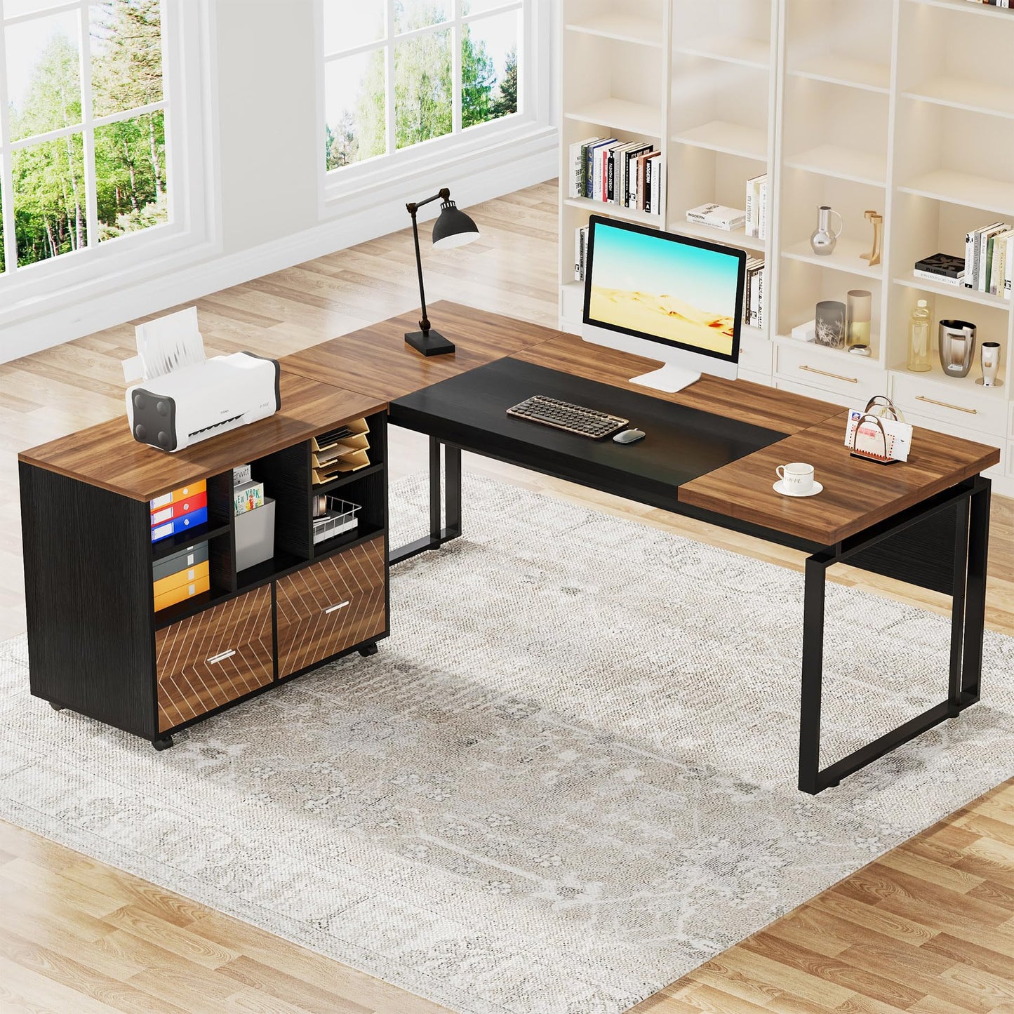 Tribesigns L-Shaped Executive Desk with Reversible File Cabinet, 63" Office Desk with Storage Drawers, L-Shaped Computer Desk with Drawer Cabinet for Hanging Letter Size Files (Walnut & Black - WoodArtSupply