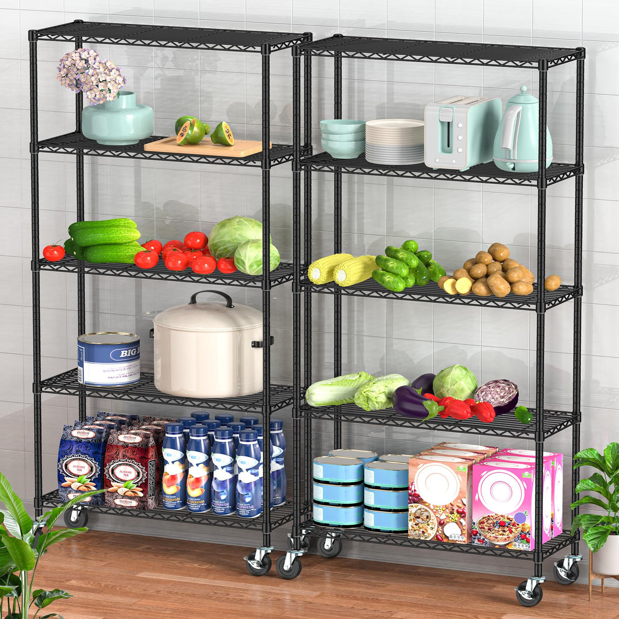 Folews Heavy Duty Storage Shelves 5-Tier, Wire Shelving Unit with Wheels & Adjustable Feet Metal Shelf Rack for Garage, Kitchen, Pantry, Laundry Room 400 Lbs Per Shelf - 14x36x75 Folews
