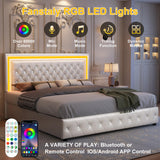 GEGOFORU PU White Queen Bed Frame with LED Lights and Spacious Storage Drawers GEGOFORU