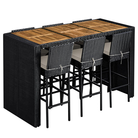 Topeakmart Outdoor Wicker Bar Table and Chairs Set, 7-Piece Patio Rattan Dining Furniture Set with Acacia Wood Tabletop, 6 Removable Cushions, Rain Cover, Black/Beige Topeakmart