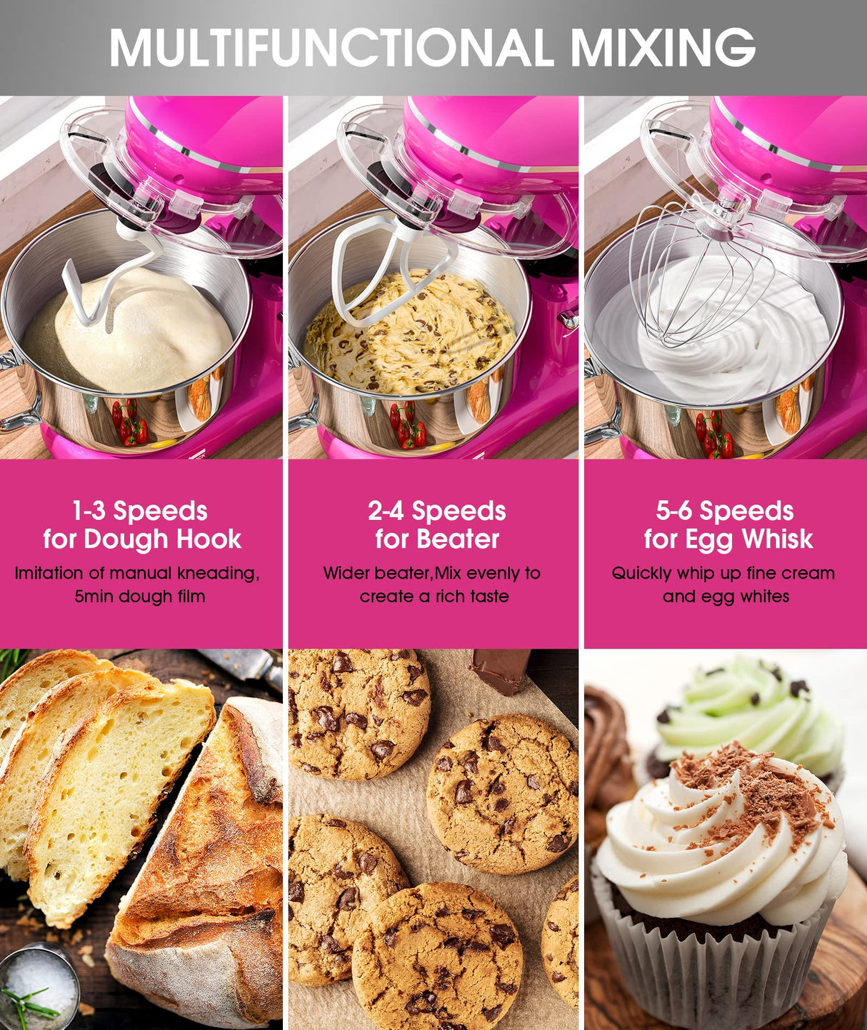 Facelle Stand Mixer, Electric Kitchen Mixer, 660W 6 Speed Tilt-Head stand mixer with Pulse Button, Attachments include 6.5 QT Bowl, Dishwasher Safe Beater, Dough Hook, Whisk & Splash Guard - Purple Facelle