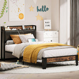 LIKIMIO Vintage Brown and Black Twin Bed Frame with Storage Headboard and Charging Station LIKIMIO