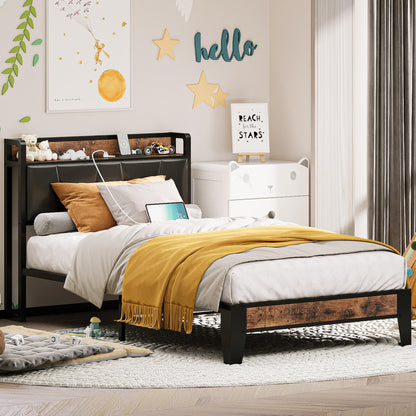 LIKIMIO Vintage Brown and Black Twin Bed Frame with Storage Headboard and Charging Station - WoodArtSupply