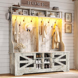 Itaar Hall Tree with Bench and Shoe Storage, 5-in-1 Entryway Bench with Coat Rack, 16 Shoe Cubbies & 12 Coat Hooks, Barn Door & Adjustable Shelf (Vintage White) Itaar