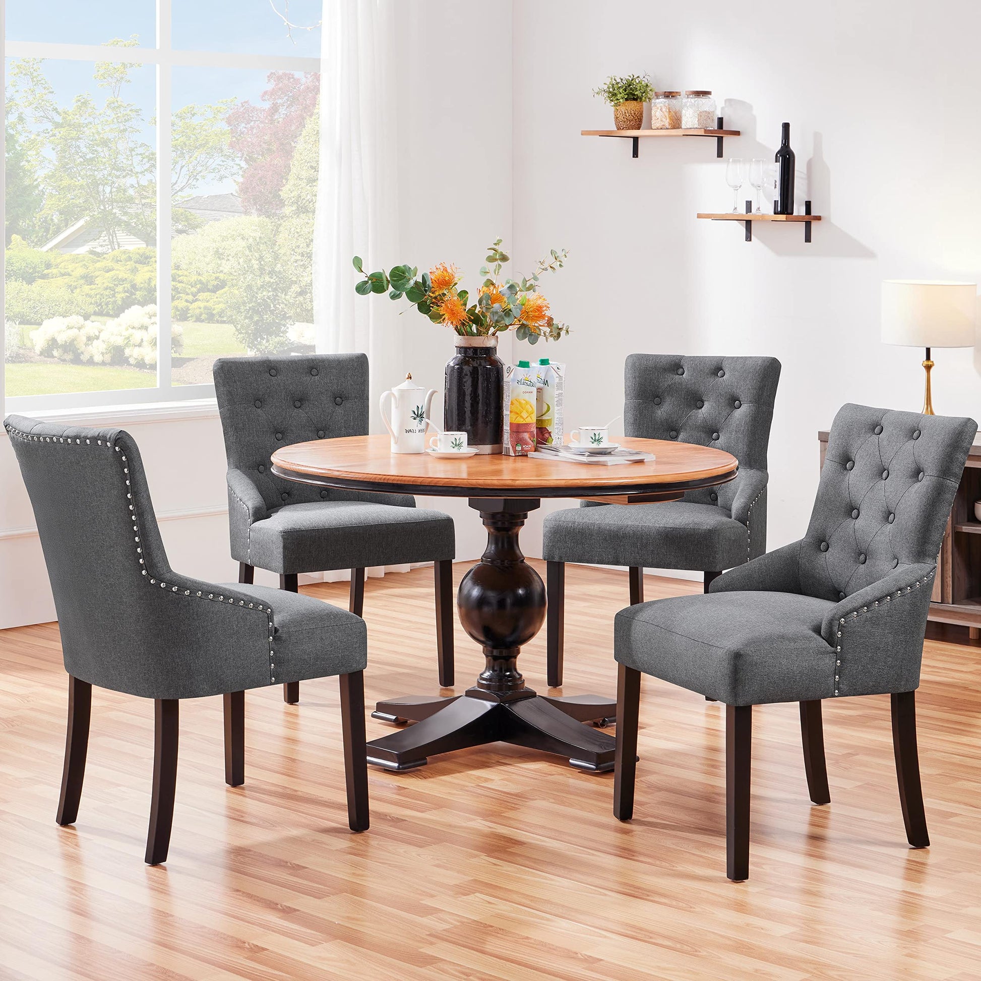 Yaheetech Dining Chairs Upholstered Dining Chairs Tufted Dining Room Chairs Fabric Side Chairs with Nailhead Trim and Solid Wood Legs for Dining Room, Kitchen, Living Room, Set of 2, Gray - WoodArtSupply