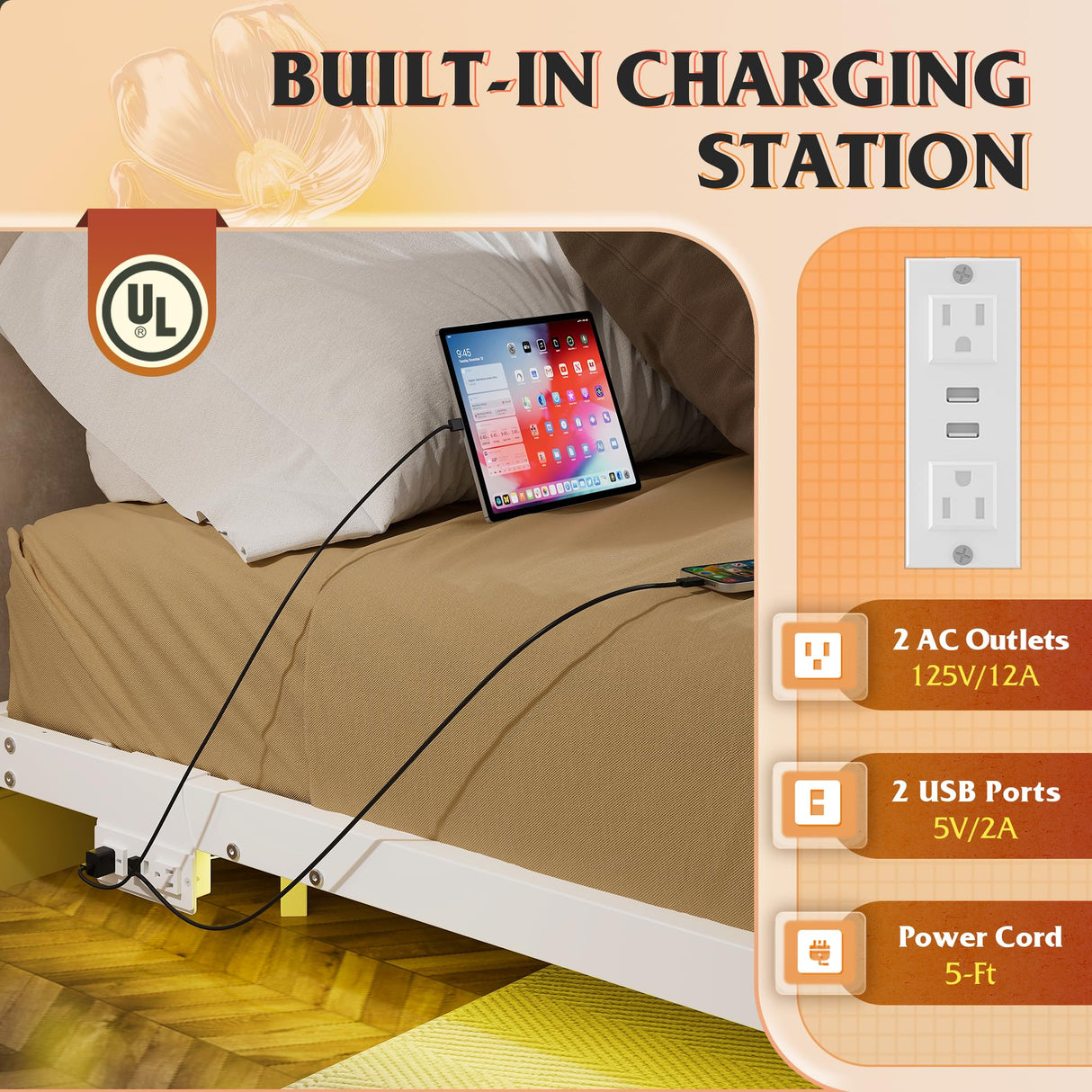 WLIVE Floating King Bed Frame, LED Bed Frame with Charging Station, Metal Platform Beds King Size with Heavy Duty Steel Slats, No Box Spring Needed, Easy Assembly, No Noise, White WLIVE