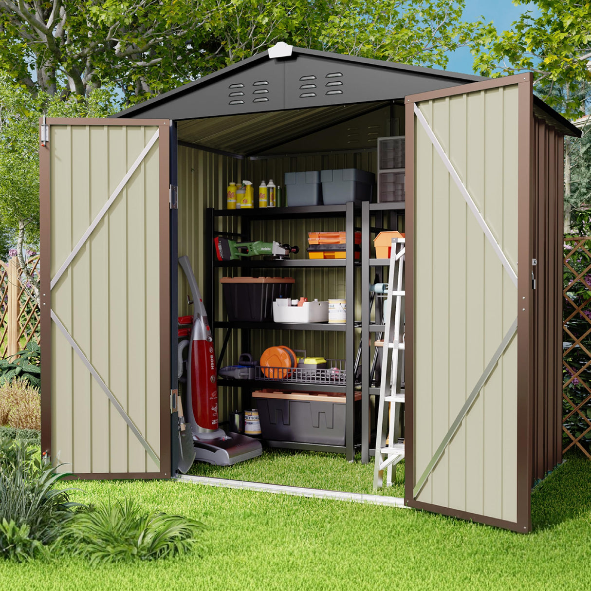 Gizoon Outdoor Storage Shed 6 x 4 FT, Galvanized Metal Garden Shed with Double Lockable Doors, Outdoor Storage Clearance for Backyard Patio Lawn-Light Brown Gizoon