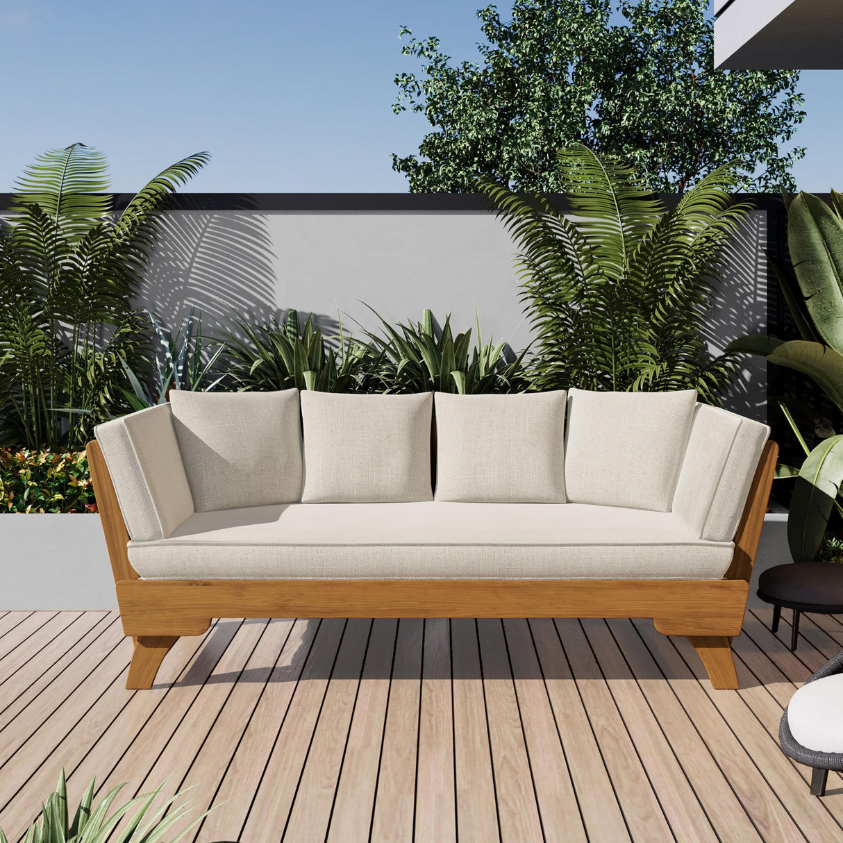 Christopher Knight Home Gary Patio Convertible Couch, Wooden Outdoor Daybed, 3-Seater Acacia Wood Patio Furniture Lounge Sofa for Backyard/Poolside/Garden, Back Pillow+Removable Cushion, Teak+ Beige Christopher Knight Home