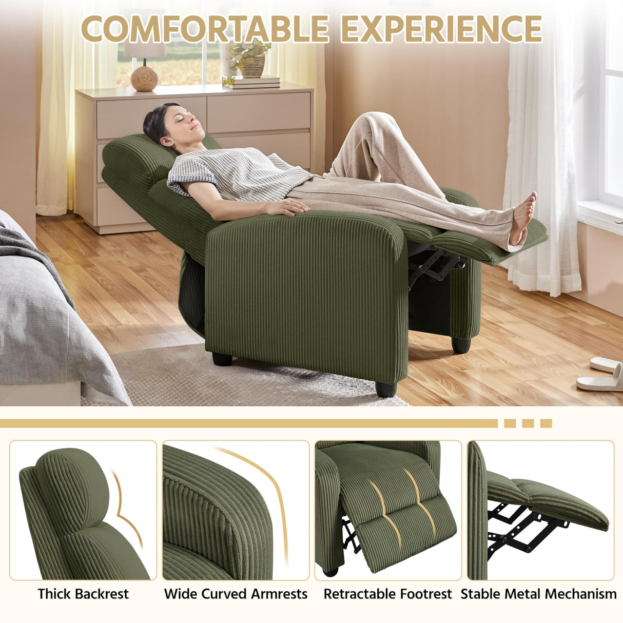 Yaheetech Corduroy Recliner Chair Single Sofa Home Theater Seating Adjustable Modern Reclining Chair for Living Room Bedroom Home Theater Dark Green Yaheetech