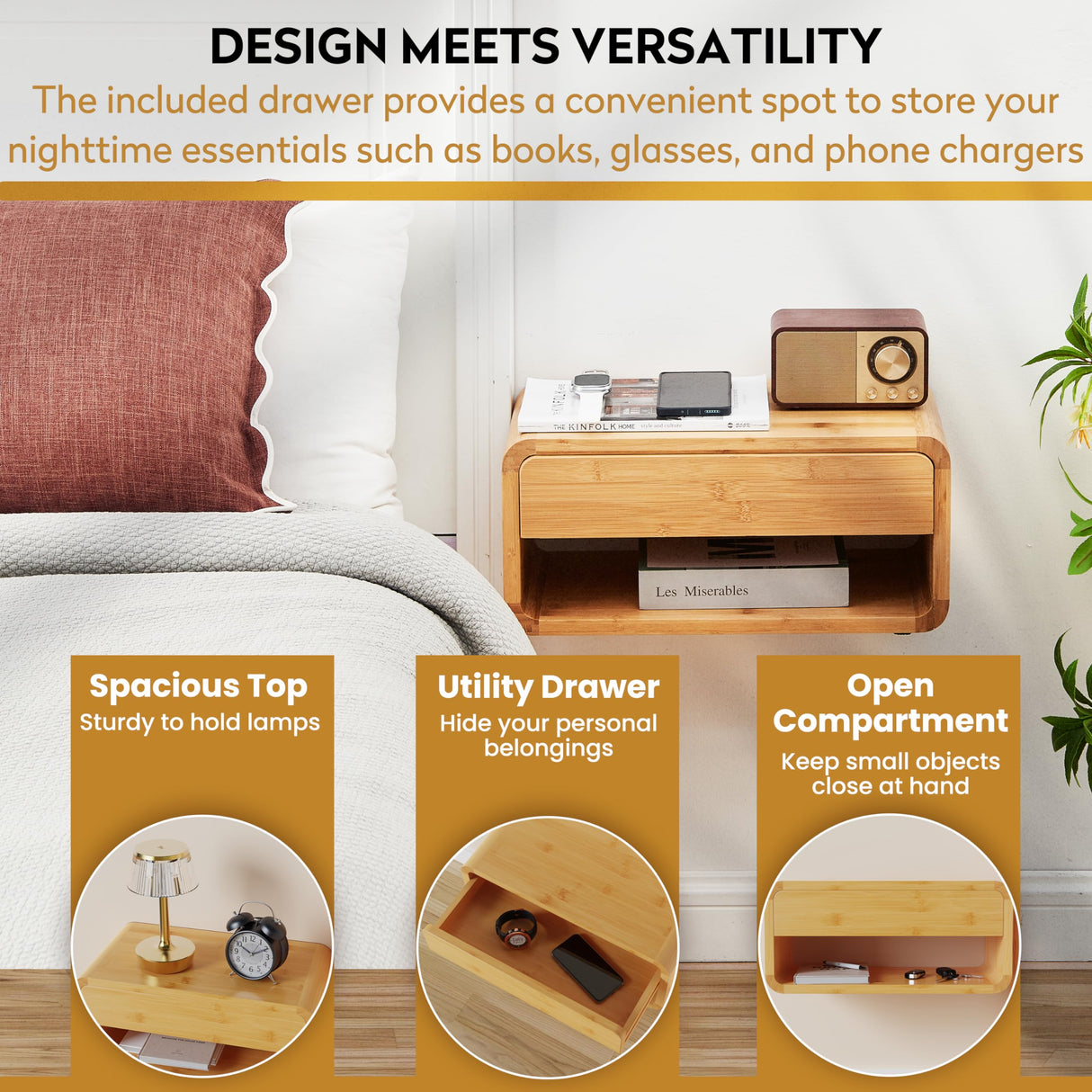 Bamboo Floating Nightstand with Drawer & Open Shelf - Fully Assembled Wall Mounted Bedside Table with Modern Design for Bedroom and Small Spaces - FSC Certified Bamboo Side Table Loom Interiors