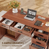 Whalefall 55'' Farmhouse Desk Home Office with Drawers, Executive Computer Desk Wooden with File Cabinet and Charging Station, Cerry Brown Whalefall