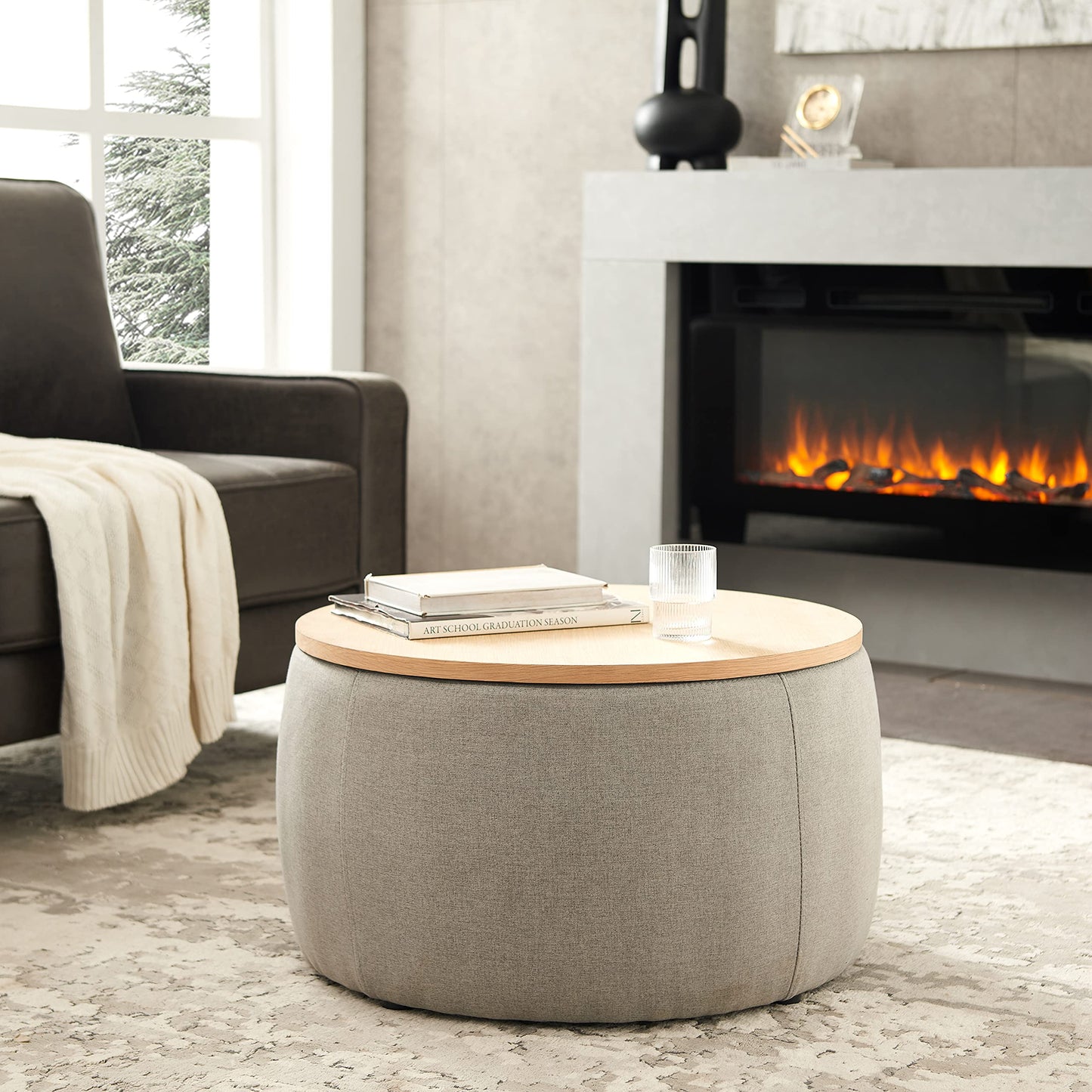 Modern Round Storage Ottoman with Wooden Lid,Circle Ottoman Handmade Ottoman Coffee Table,End Table & Footstool for Living Room (Light Gray)