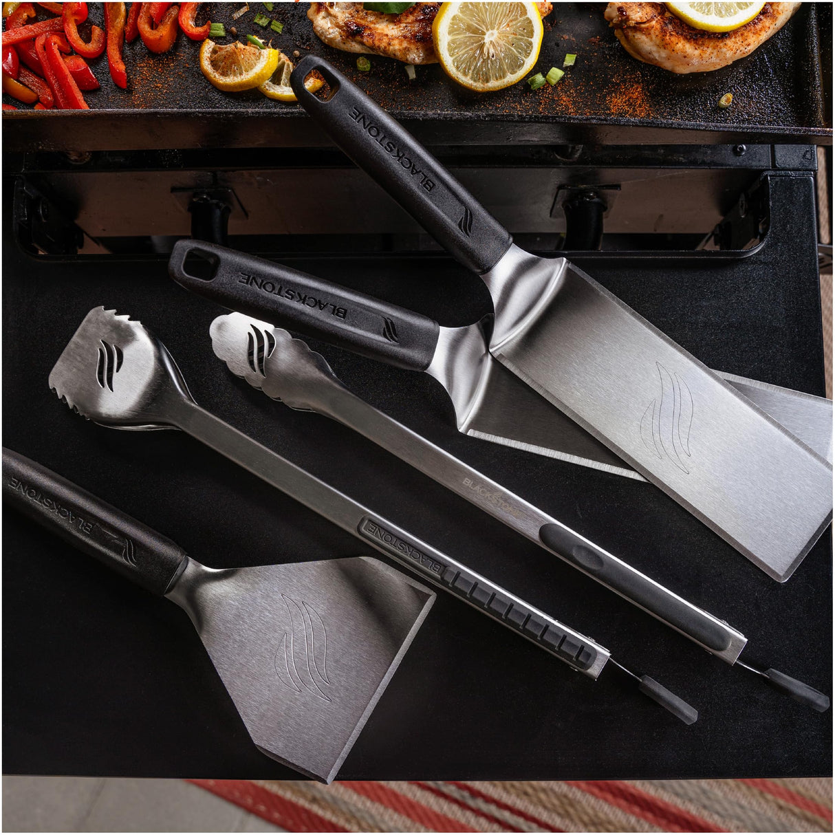 Blackstone 5464 Griddle Tool Kit Outdoor Indoor Grill BBQ Utensils Cooking Accessories-Heat Resistant– 2 Long Spatulas, 2 Angled Scraper Classic Tong, 1 (32oz) Squeeze Bottle, Black, Silver, White BLACKSTONE
