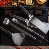 Blackstone 5464 Griddle Tool Kit Outdoor Indoor Grill BBQ Utensils Cooking Accessories-Heat Resistant– 2 Long Spatulas, 2 Angled Scraper Classic Tong, 1 (32oz) Squeeze Bottle, Black, Silver, White BLACKSTONE