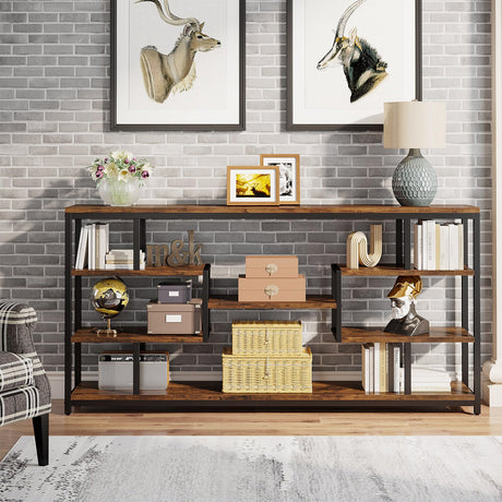 Tribesigns 70.87" Console Tables for Living Room, 5-Tier Narrow Long Sofa Tables with Open Storage Shelves, Rustic Entryway Tables with Metal Frame, Brown & Black Tribesigns