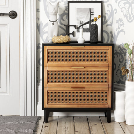 COZAYH Farmhouse 3-Drawer Nightstand, Set of 2 Woven Cane Front Accent Dresser with Brass Pull, Fully-Assembled, Black COZAYH