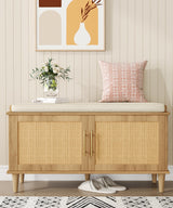 Akxomel Natural Rattan Shoe Storage Bench with Cushion, Entryway Shoe Cabinet Bench with 2 Doors, 15"D x 39.4"W x 20"H, Wooden Shoe Organizer, Adjustable Shelf, Solid Wood Legs, for Hallway, Bedroom Akxomel