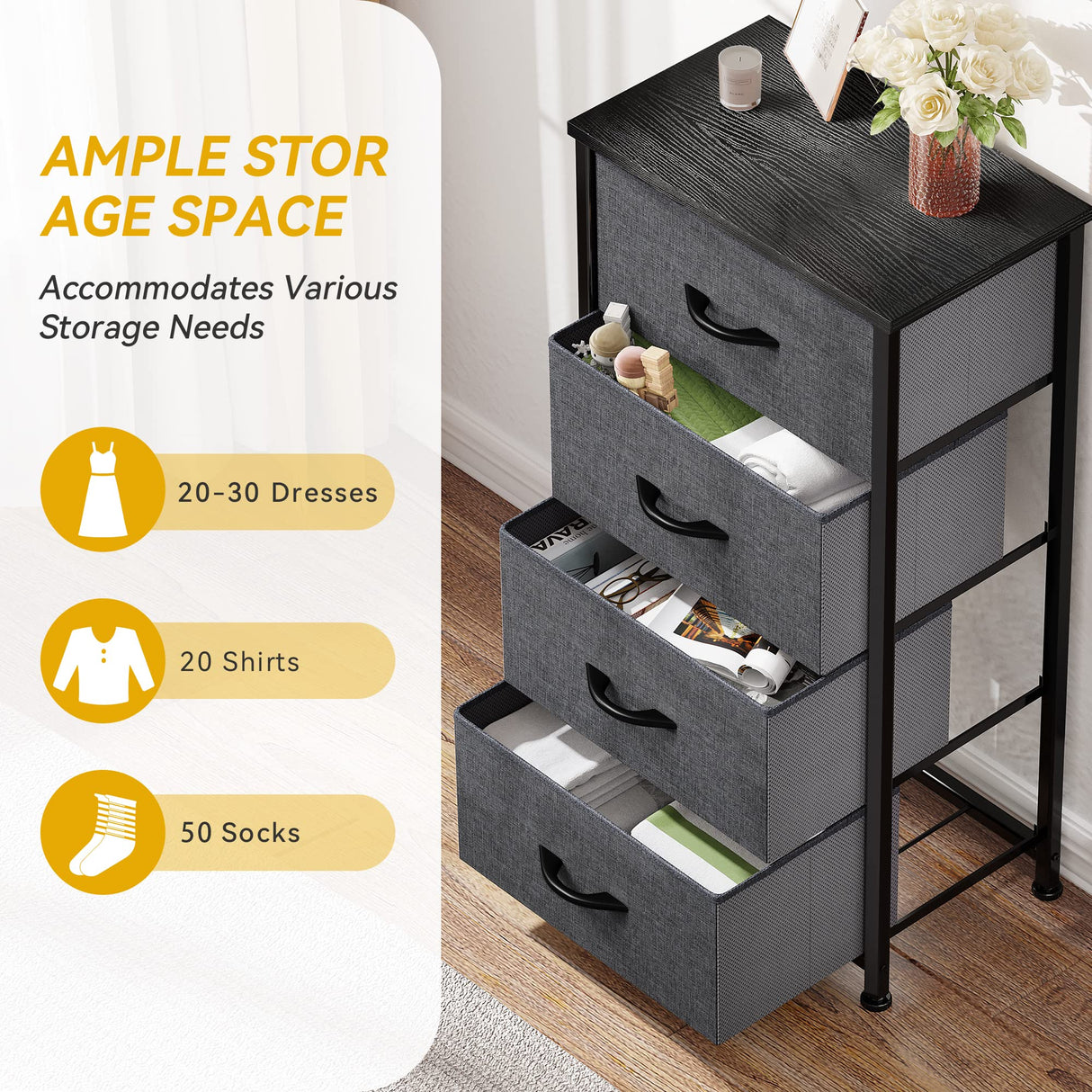 DWVO Storage Tower with 4 Drawers - Fabric Dresser, Organizer Unit for Bedroom, Living Room, Closets - Sturdy Steel Frame, Easy Pull Fabric Bins & Wooden Top DWVO