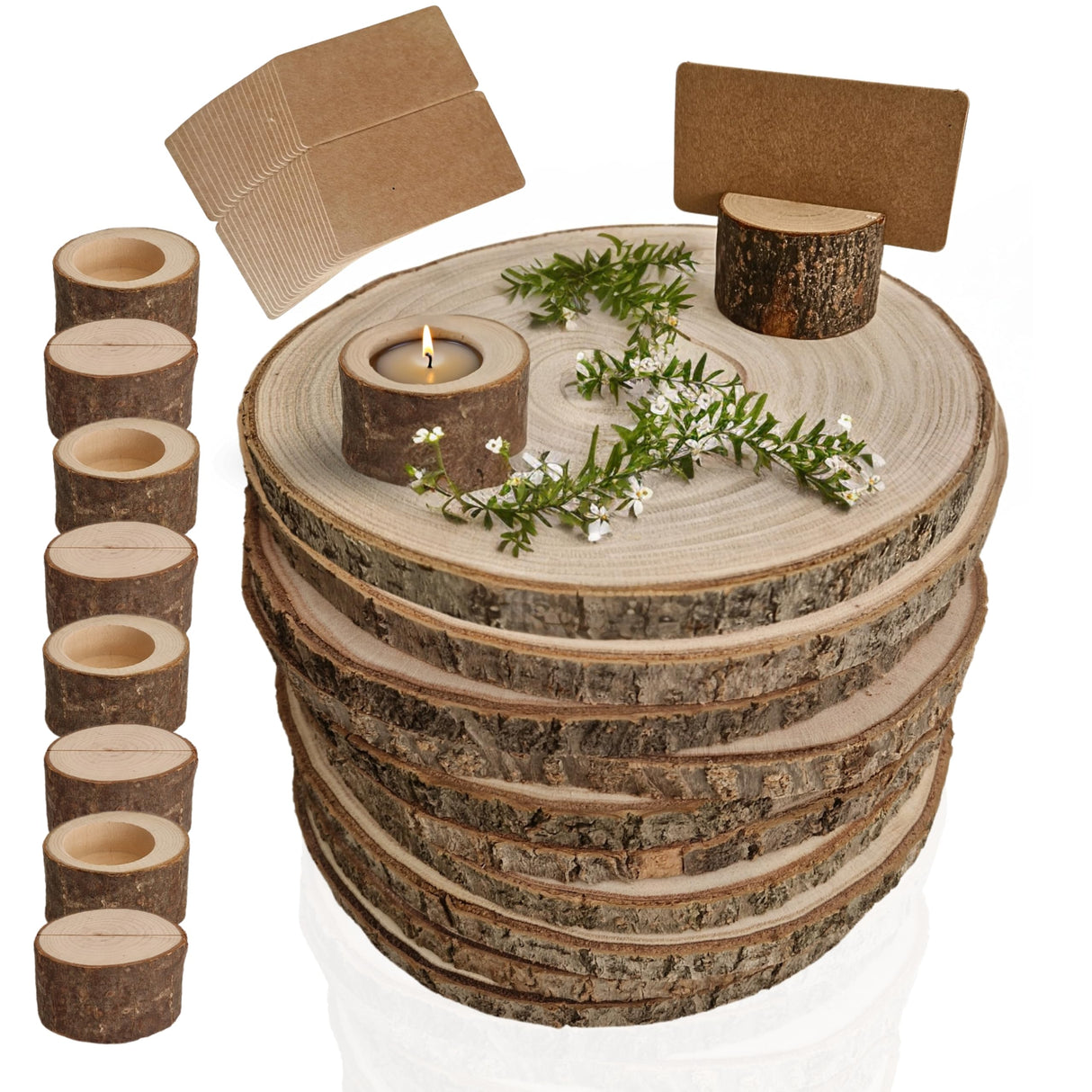 10 Pcs Wood slices for centerpieces 6-8 Inch, with 10 Versatile Candle Holders and Card Holders,and 20 Cards. Rustic wooden centerpieces for table for weddings,baby showers,DIY,crafts, party,home deco AMCOARG