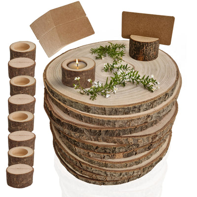 10 Pcs Wood slices for centerpieces 6-8 Inch, with 10 Versatile Candle Holders and Card Holders,and 20 Cards. Rustic wooden centerpieces for table for weddings,baby showers,DIY,crafts, party,home deco