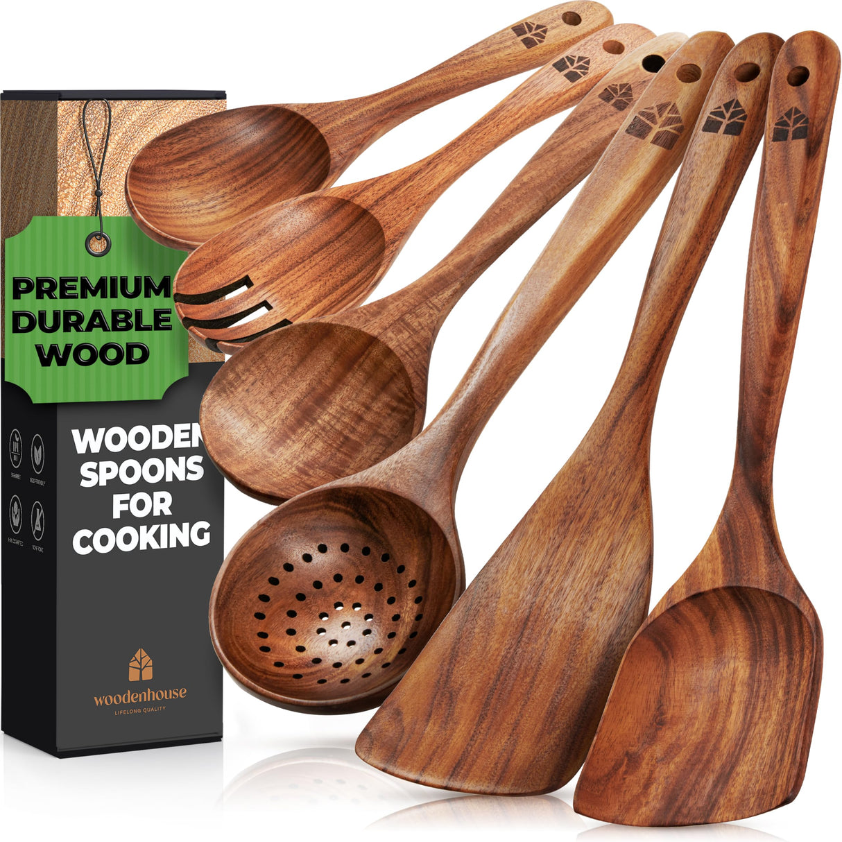 Wooden Spoons for Cooking – Wooden Kitchen Utensils Set, 6 Pcs Teak Wood Utensil Set – Comfortable Grip Non–Stick Wooden Cooking Utensils – Nonstick Natural and Healthy Kitchen Cookware WOODENHOUSE LIFELONG QUALITY
