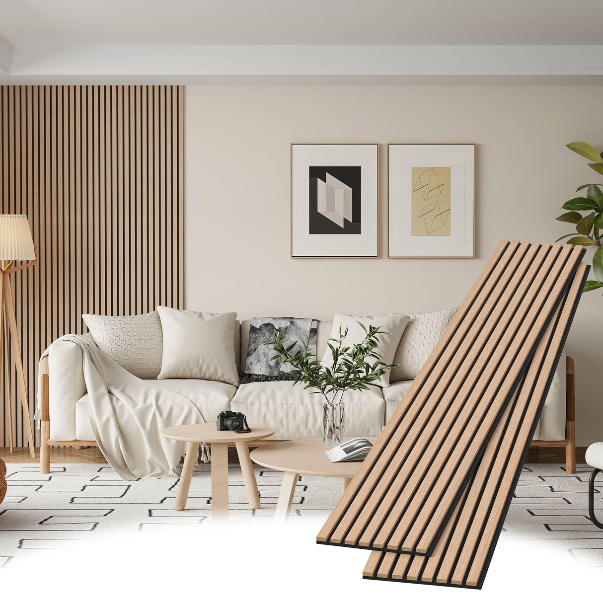 POHARE Wood Slat Wall Panels, 2 Pack Accent Decorative Acoustic Wood Slats for Wall and Ceilings, Acoustic Panels for Interior Wall Décor on Felt Back Board, Oak, 8 x 1 ft POHARE