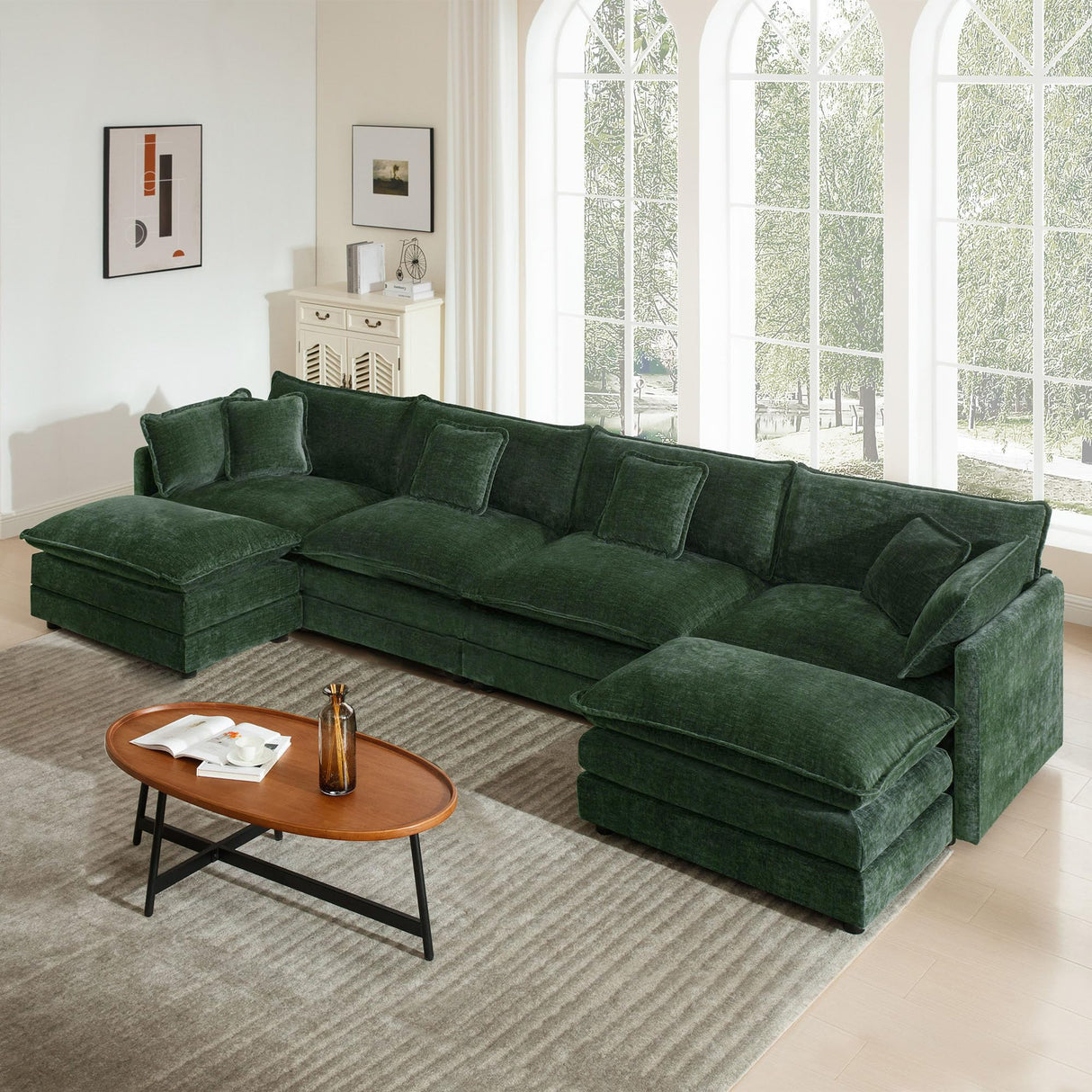 Ravy Concept Sectional Sofa 4 Seater with Movable 2 Ottomans,Oversized Modular Couch Deep Seat (Green, 146.5 inch-U) Ravy Concept