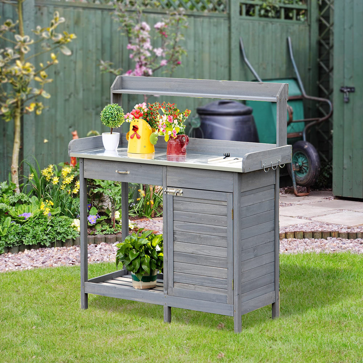 Outsunny Outdoor Potting Bench Table, Garden Work Station with Storage Cabinet, Open Shelf and Steel Tabletop, Gray Outsunny