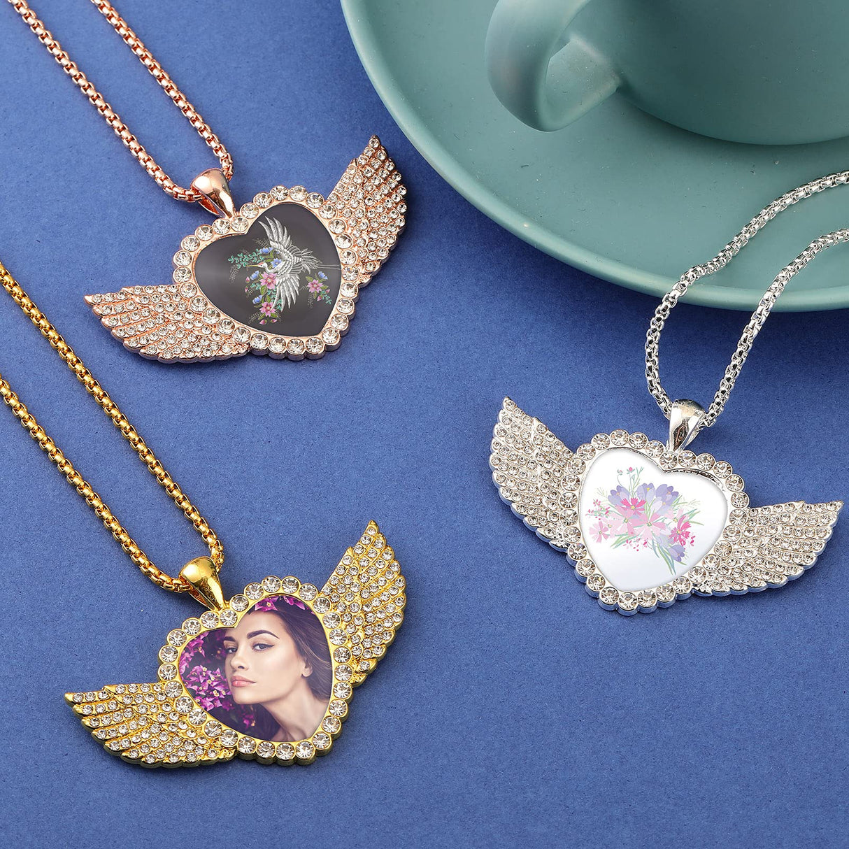 Hicarer 9 Pieces Sublimation Blank Necklace with Chain Set Blank Necklace Rhinestone Wing Shape Bezel Pendant Tray, 25 mm Sublimation Sheet, Double Sided Tape for DIY (Heart Shape Style) Hicarer