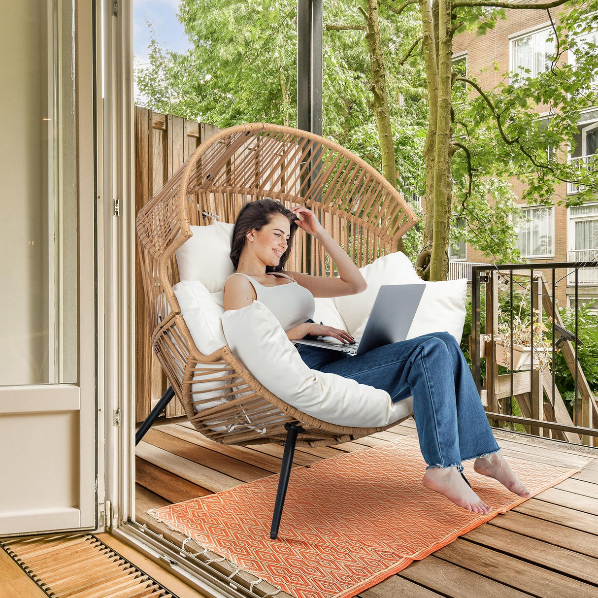 Shintenchi Wicker Outdoor Rattan Patio with Cushion,Oversized Patio Lounge with Cushion Basket Seat for Indoor Living Room Bedroom Outside Backyard Balcony Shintenchi