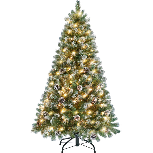 Yaheetech 4.5ft Pre-lit Christmas Tree, Snow Flocked Artificial Christmas Tree with 35 Snow Pinecones & 412 PVC Branch Tips & 150 Warm White Lights, White & Green