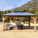 LUXOAK 13' x 15' Hardtop Gazebo,Aluminum Frame Outdoor Gazebo with Iron Roof Double Roof, Wood Gazebo for Patio, Backyard, Lawns, Parties, Black LUXOAK