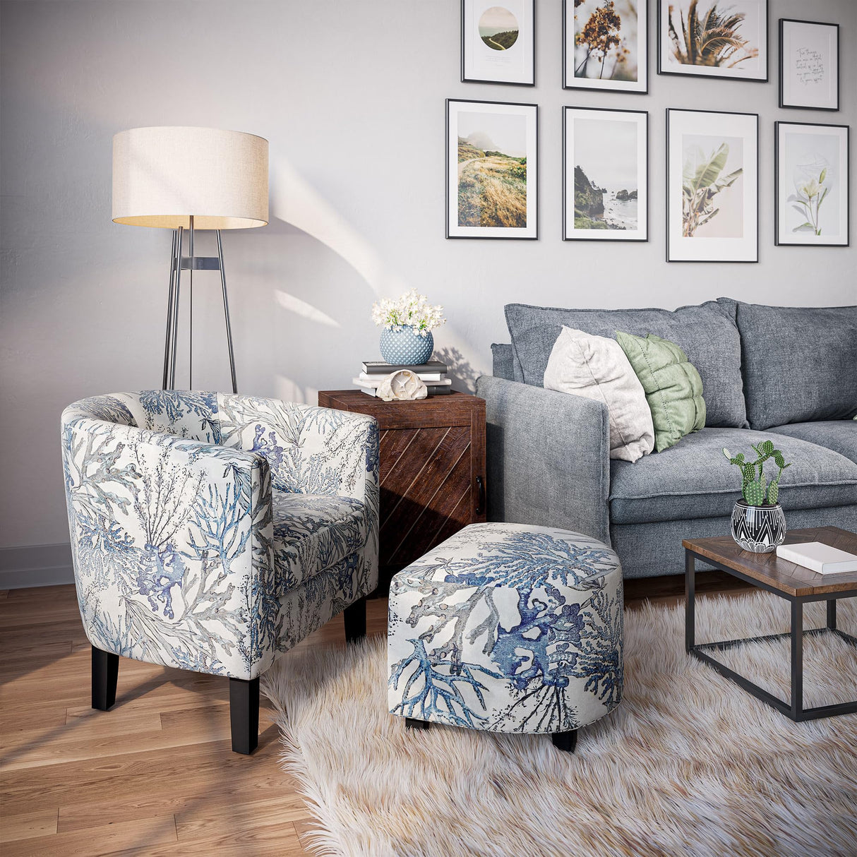 BELLEZE Accent Chair with Ottoman, Curved Back Living Room Chair, Stylish Barrel Club Chair and Footrest Set, Upholstered Round Tub Reading Chair for Bedroom - Lydia (Blue Coral) BELLEZE