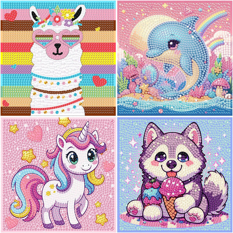 cviokrdu 4 PCS Diamond Art Kits for Kids, Animal Diamond Art for Kids Ages 4 8 12, Cute Alpaca Dolphin Dog Gem Art Kit Crafts Beginners for Gift Home Wall Decor(6x6inch) cviokrdu