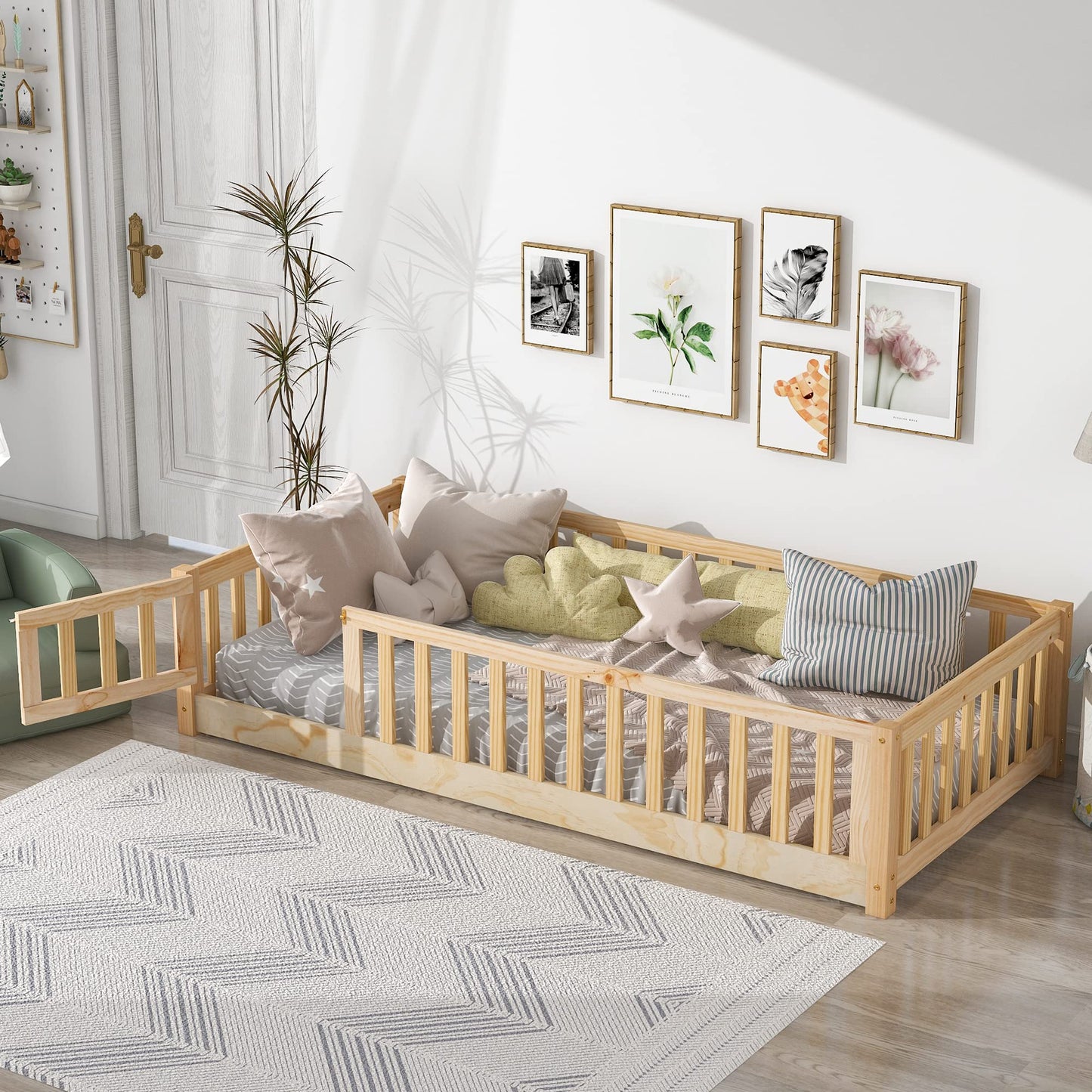 Brafab Montessori Twin Floor Bed with Safety Guardrails & Convertible Door - Natural Solid Pine Wood Frame - WoodArtSupply