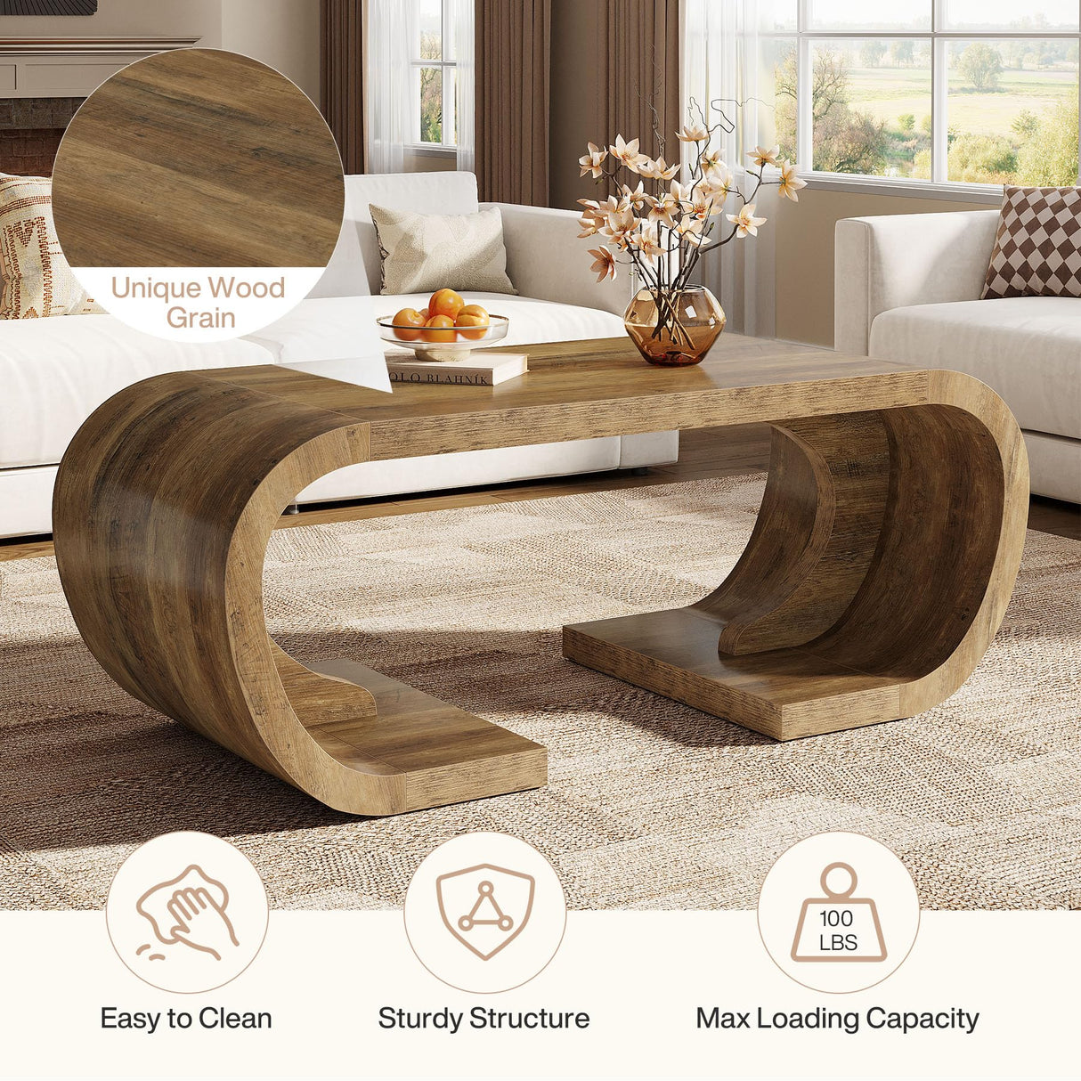 Tribesigns Farmhouse Coffee Table, 47" Heavy Duty C-Shaped Center Table with Curved Base, Large Tea Table for Living Room, Entertainment Room, Home Office, Rustic Brown Tribesigns