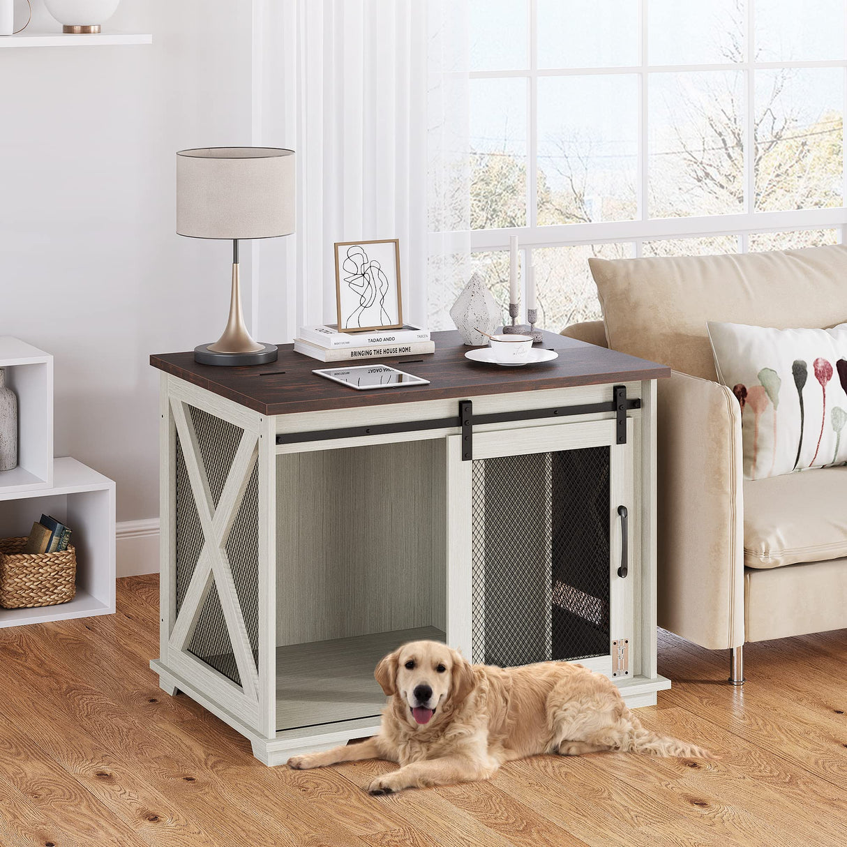 GAOMON 37'' Sliding Barn Door Dog Crate Furniture with Flip Top and Movable Divider, Wooden Dog Crate Table, Dog Kennel Side End Table, Furniture Style Large Dog House, White GAOMON
