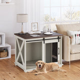 GAOMON 37'' Sliding Barn Door Dog Crate Furniture with Flip Top and Movable Divider, Wooden Dog Crate Table, Dog Kennel Side End Table, Furniture Style Large Dog House, White GAOMON
