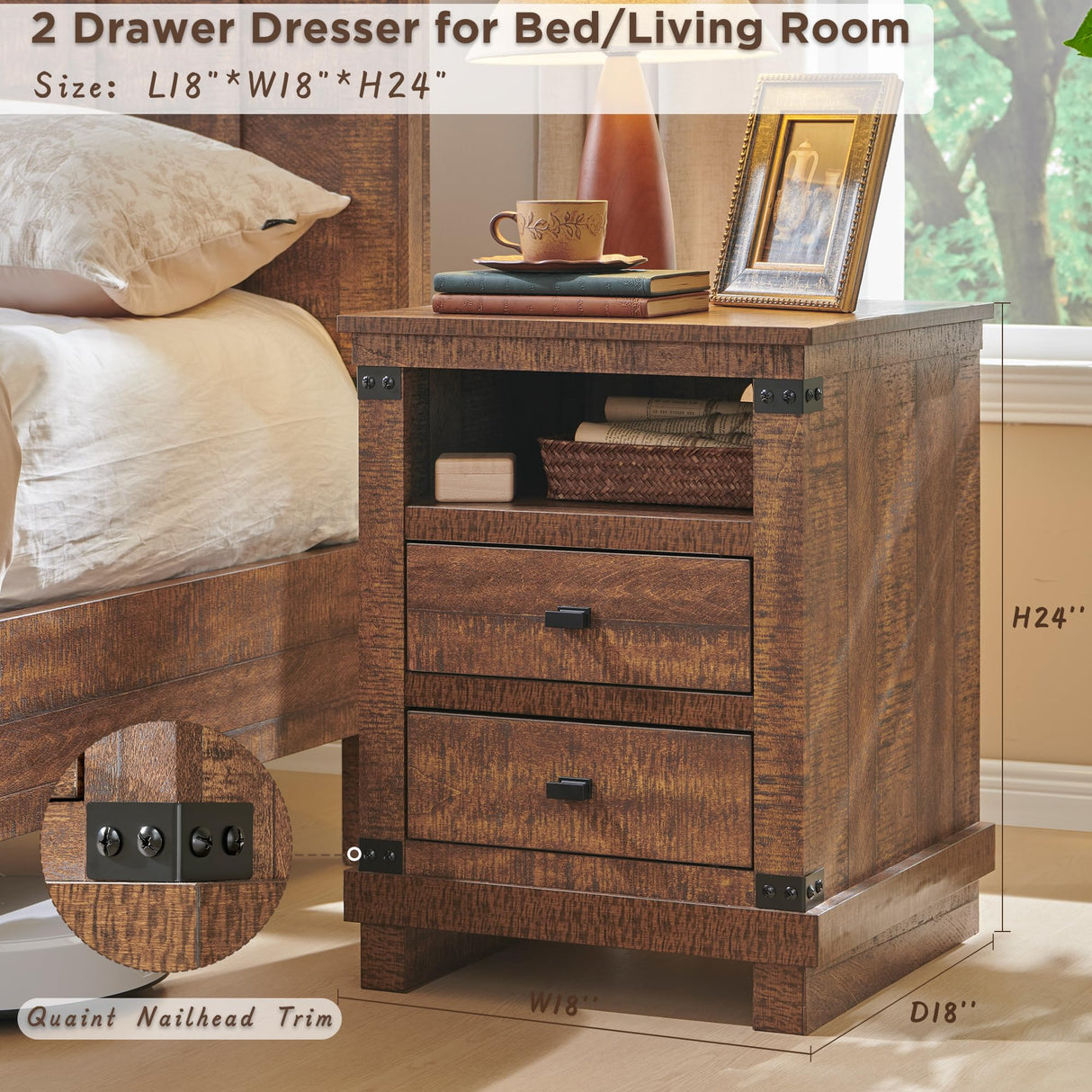 Farmhouse Nightstand with Charging Station, 18" Rustic Night Stand with 2 Storage Drawers, Wood End Table for Bedroom, Living Room, Reclaimed Barnwood RedLemon