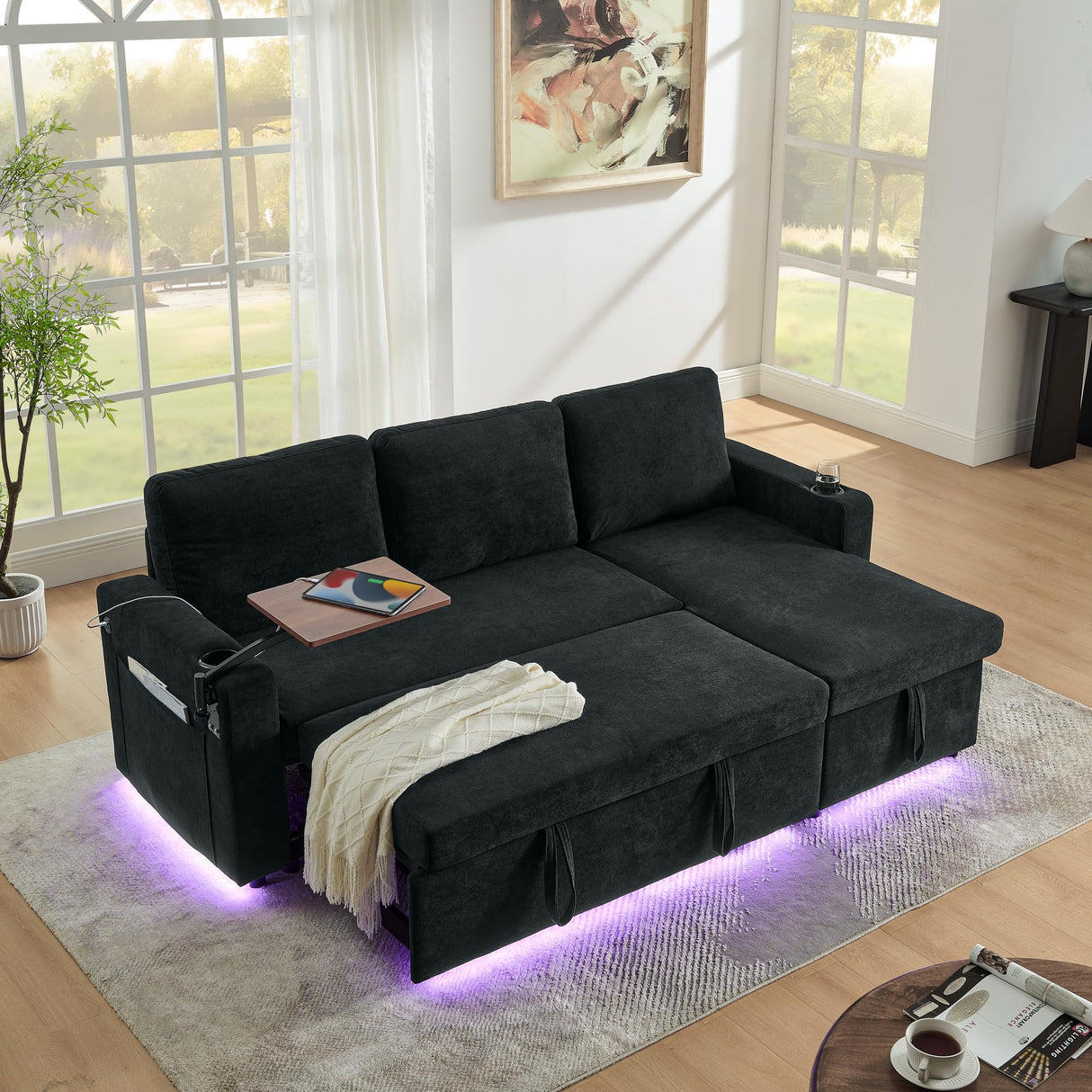 Ball & Cast Convertible Sleeper Sofa Bed with Storage Chaise, L Shaped Pull Out Couch with Retractable Table, Cup Holders,LED Light & USB Ports,Chenille Corner Sectional Couches for Living Room,Black Ball & Cast