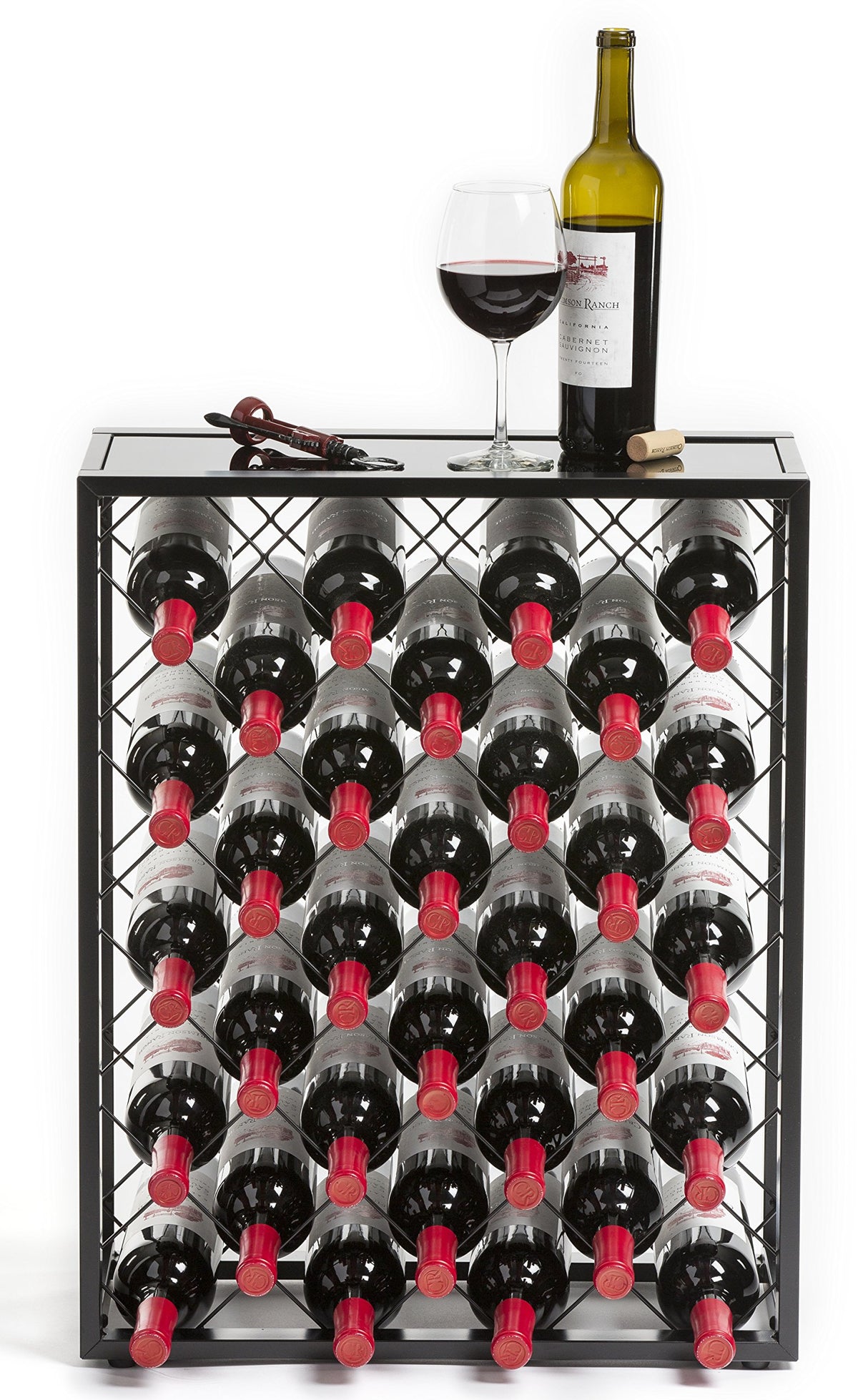 Mango Steam 32 Bottle Wine Rack with Black Glass Top Shelf, Free Standing for Home, Kitchen and Bar Mango Steam